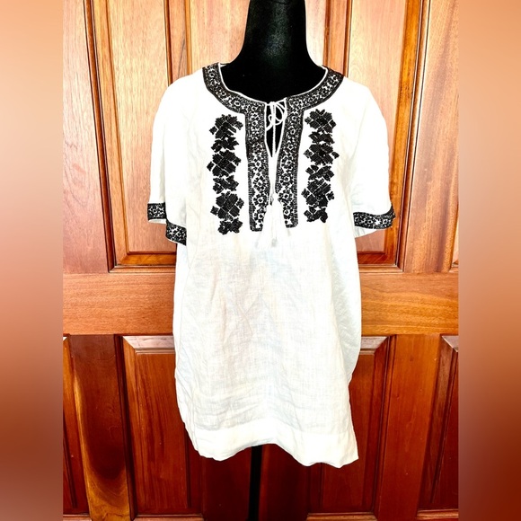 Talbots White Linen Black Beaded Split Neck Tassel Short Sleeve Top Blouse Large - Picture 1 of 8